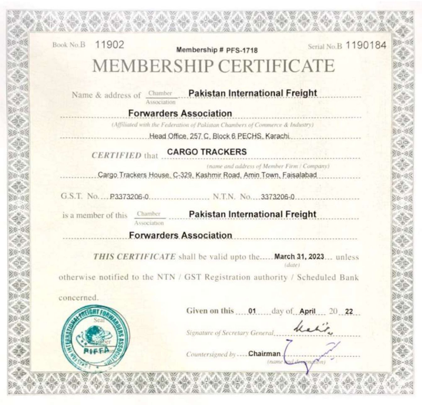 PIFFA membership certificate